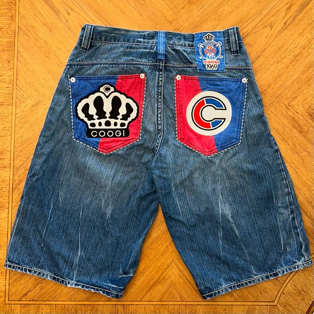 COOGI Shorts Mens 34 Blue Denim Jeans Embroidered Baggy Hip Hop Rap Button Fly